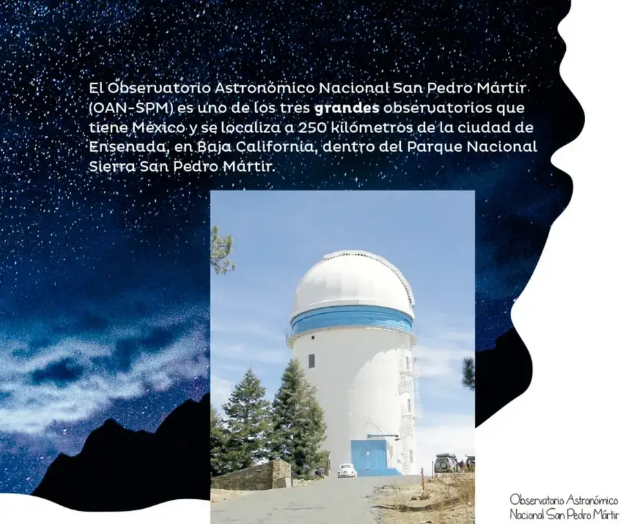 Fotografía del Observatorio Astronómico Nacional San Pedro Mártir: cúpula blanca con franja azul sobre una torre blanca, rodeada de árboles y con cielo azul.