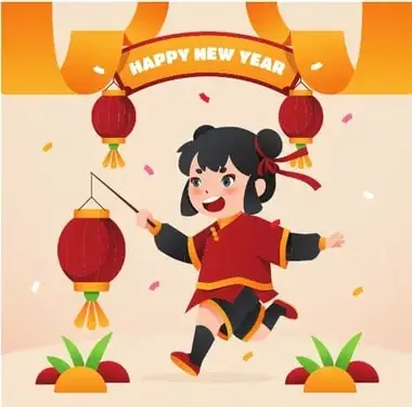 Ilustración de una niña vestida de rojo con cinta en el cabello sosteniendo un farol chino; pancarta dorada con 'HAPPY NEW YEAR' y faroles rojos colgantes.