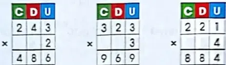 Representación con material concreto de $132\times3$ y $3\times132$, mostrando centenas, decenas y unidades.