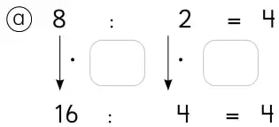 Ejercicio 1 con cuatro pares de divisiones equivalentes y flechas que indican multiplicar o dividir.