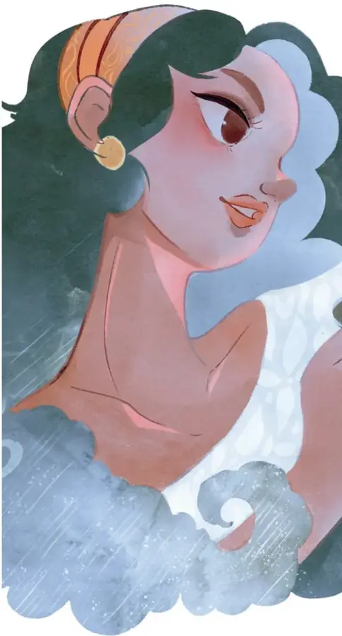 Retrato en acuarela de la Mulata de perfil: cabello oscuro largo con listón naranja, arete dorado y blusa blanca, con el mar y las olas al fondo evocando el barco que dibujará.