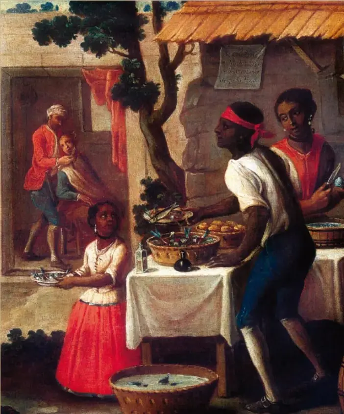 Pintura colonial 'De barcino y mulata nace tornatrás de pelo liso' (ca. 1770, anónimo), un cuadro de castas que muestra a personas de origen africano e indígena vendiendo alimentos en un puesto de calle, con otras figuras en el fondo.