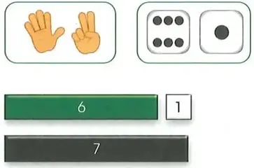 El numeral 9, un conjunto de nueve conejos, manos que muestran cinco y cuatro dedos, dados con seis y tres puntos, y barras que representan 8 y 9.