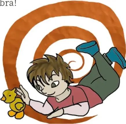 Ilustración de un niño acostado sobre un fondo naranja con espiral, jugando con un oso amarillo de peluche.