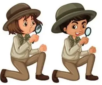 Ilustración de dos niños vestidos de exploradores/detectives con lupas, en posición de exploración.