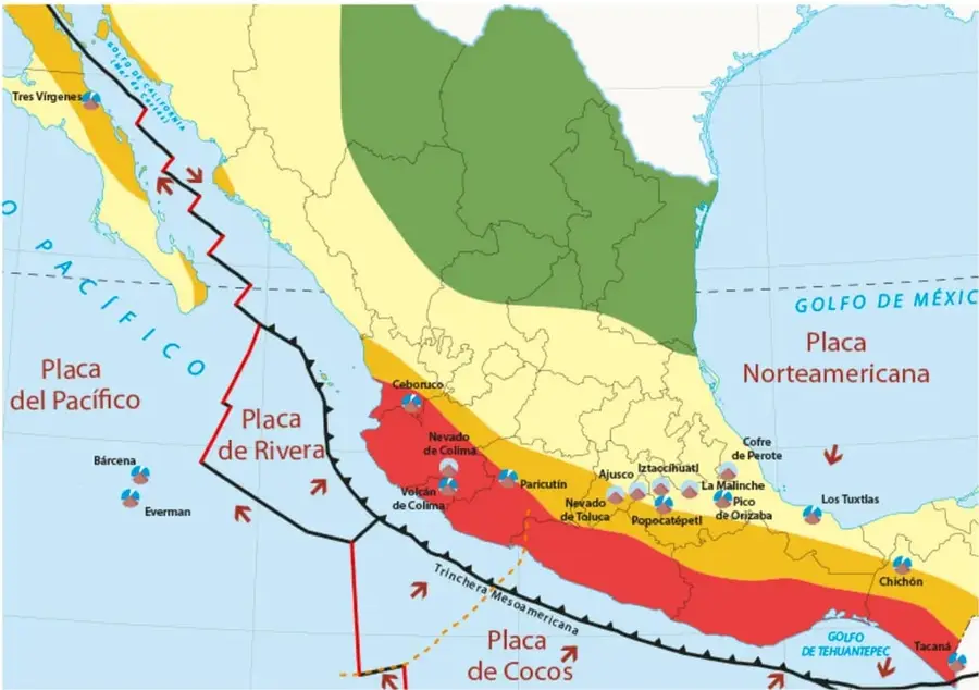 Mapa de México y su entorno marino que muestra la Placa del Pacífico, la Placa de Rivera, la Placa de Cocos, la Placa Norteamericana, la Trinchera Mesoamericana, el golfo de México y el golfo de Tehuantepec, además de volcanes como Ceboruco, Nevado de Colima, Volcán de Colima, Parícutin, Nevado de Toluca, Popocatépetl, Iztaccíhuatl, Ajusco, La Malinche, Pico de Orizaba, Cofre de Perote, Los Tuxtlas, Chichón y Tacaná.