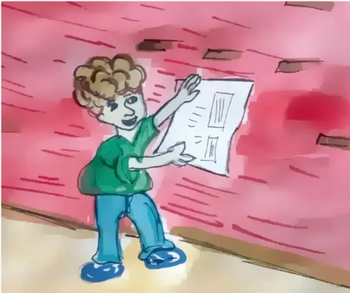 Ilustración de un niño de cabello rizado, playera verde y pantalón azul que pega un tríptico en una pared rosa.