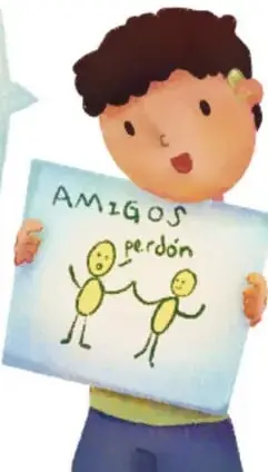 Niño que sostiene un cartel dibujado con la frase 'Amigos, perdón' y dos figuras dándose la mano.