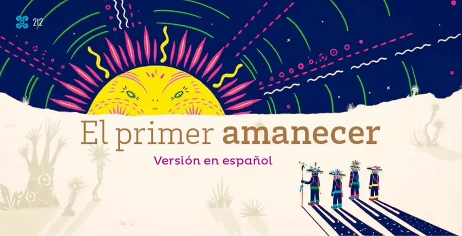 Ilustración de estilo wixárika: un gran sol amarillo con rostro y rayos rosados en un cielo azul oscuro con líneas verdes y rosas; abajo, en tono arena, cuatro figuras de pie con sombras largas y azules, con sombreros decorados, frente a cactus.
