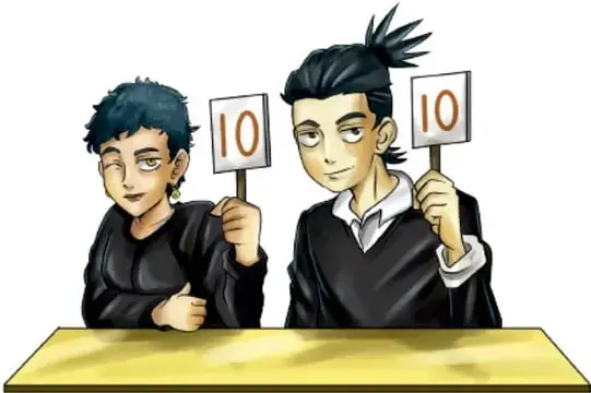 Ilustración de dos jóvenes (estudiantes) con toga sosteniendo tarjetas con el número 10, sentados tras una mesa, como jueces de una evaluación; crédito a Carlos Javier Melgar Rincón, Michoacán.