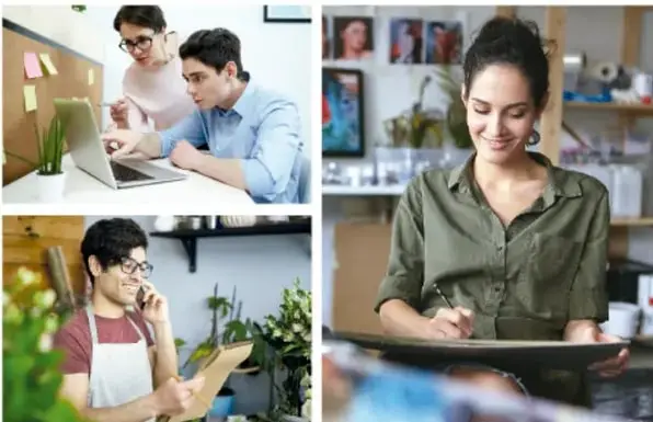 Collage de tres fotografías: dos personas trabajando frente a una laptop, una mujer joven sonriendo con una tableta y un joven con delantal atendiendo un teléfono.