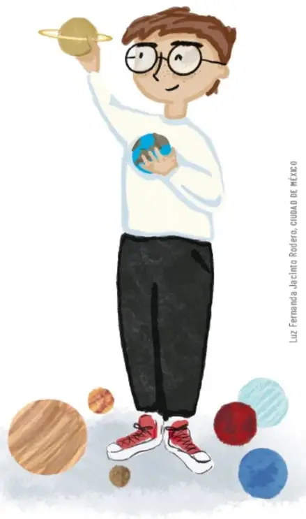 Ilustración de un niño con lentes sosteniendo un planeta y una nave espacial, rodeado de esferas de colores que representan planetas.