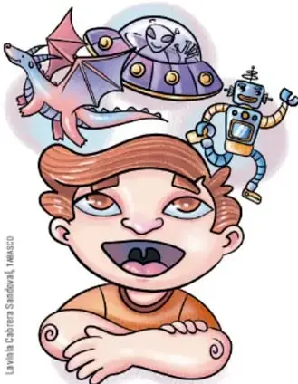 Ilustración de un niño con una expresión de asombro; sobre su cabeza flotan un dragón, un platillo volador y un robot, representando la imaginación y los cuentos.