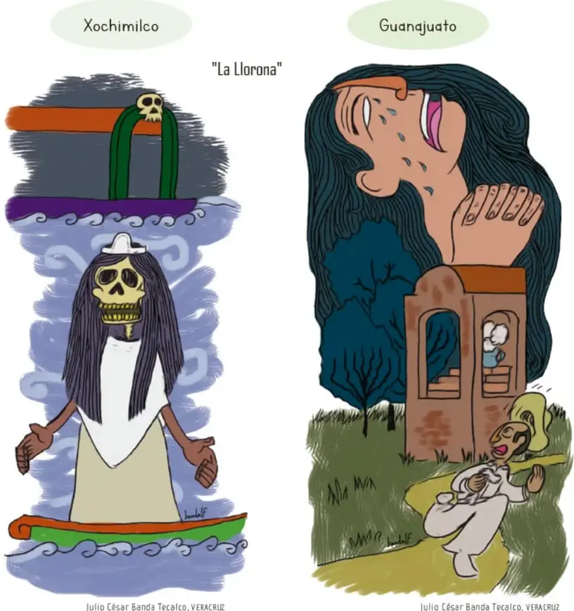 Ilustración de la versión de Xochimilco de 'La llorona': figura con cabello largo sobre un ambiente de canales y chinampas, de Julio César Banda Tecalco, Veracruz.