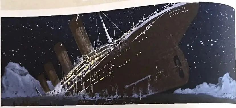 Ilustración de un barco que se hunde en el mar durante la noche, rodeado de hielo.