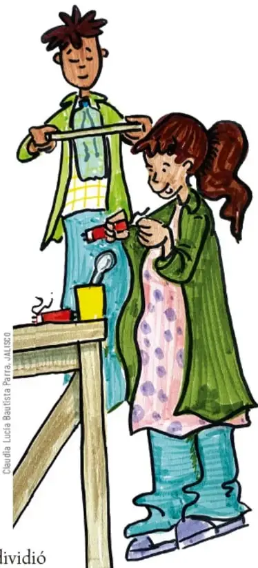 Ilustración de dos estudiantes, un niño y una niña, manipulando cables, pilas y un led sobre una mesa de madera para armar un circuito eléctrico.