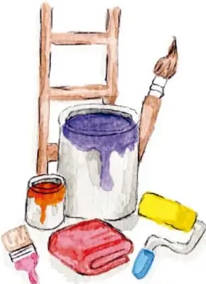 Ilustración de materiales de pintura: escalera de madera, bote de pintura morada con pincel, frasco pequeño de pintura anaranjada, rodillo amarillo con mango azul y trapo rojo. Ilustración de Festus, Ciudad de México.