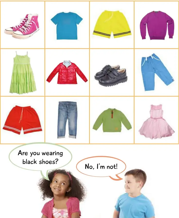 Dos niños dialogando: una niña dice 'Are you wearing black shoes?' y un niño responde 'No, I'm not!'.