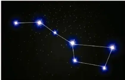 Fotografía de una constelación en el cielo nocturno, con estrellas brillantes unidas por líneas imaginarias.