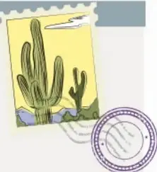 Ilustración de un cactus en un paisaje desértico con un sello postal.