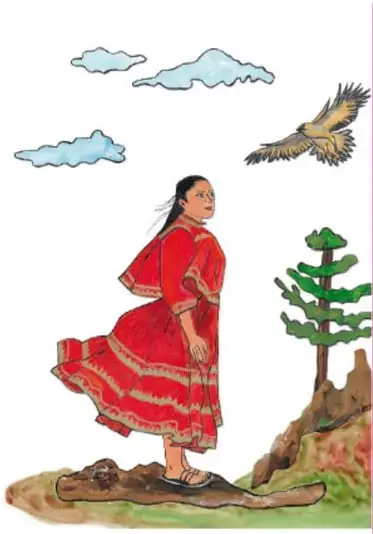 Ilustración de una mujer ralámuli con vestido rojo y huaraches, de espaldas, en un paisaje con nubes, ave rapaz, árbol y piedras; crédito 'Lola Pelayo, JALISCO'.
