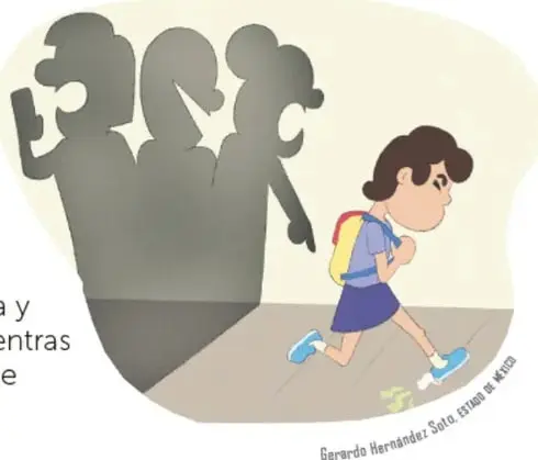 Siluetas de dos niñas riendo mientras Ofelia camina con mochila, ajena a la burla; ilustración de Gerardo Hernández Sato, Estado de México.