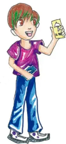 Ilustración de un niño con camiseta morada y pantalón de mezclilla sosteniendo un papel, con expresión alegre.