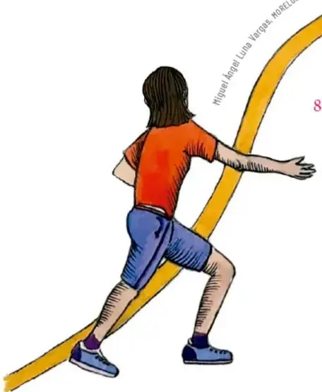 Ilustración de una niña de camiseta naranja corriendo en la misma línea amarilla. Crédito: Miguel Ángel Luna Vargas, MORELOS.