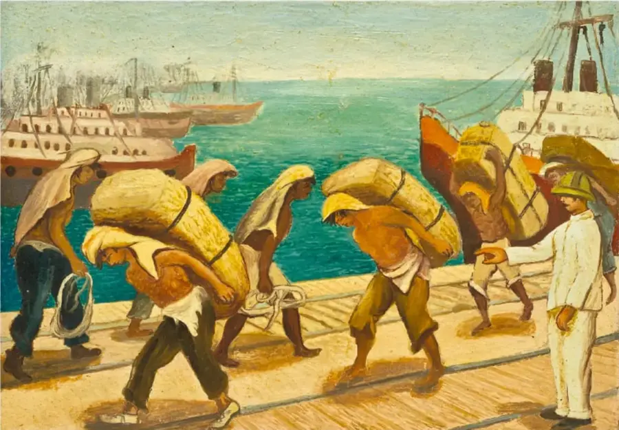 Pintura de trabajadores cargando bultos en los muelles de Veracruz, con barcos al fondo.