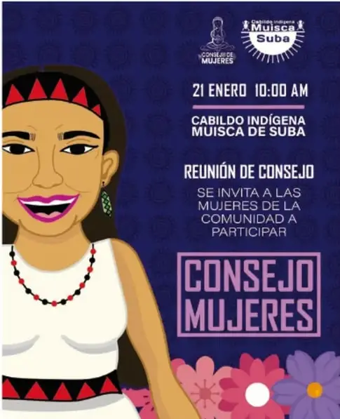 Cartel del Cabildo Indígena Muisca de Suba que anuncia una reunión de consejo el 21 de enero a las 10:00 a.m., invitando a las mujeres de la comunidad a participar. Incluye la ilustración de una mujer indígena con vestimenta tradicional.