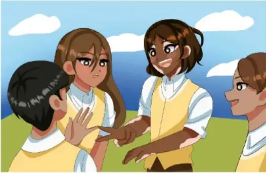 Ilustración de cuatro estudiantes en el patio escolar bajo un cielo con nubes. Uno de ellos, de espaldas, levanta la mano con gesto de detenerse; los demás lo miran con expresiones de sorpresa o molestia. Crédito: Dulce Estefanía Mata Medina, Tamaulipas.