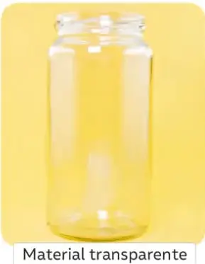 Fotografía de un frasco de vidrio con líquido amarillo y la etiqueta 'Material transparente'.
