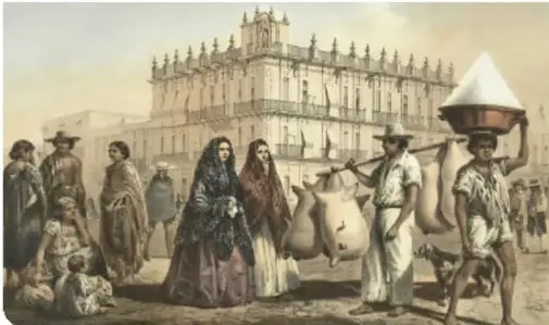 Ilustración de una plaza o mercado colonial con personas de distintos grupos sociales y una iglesia al fondo, mostrando la vida cotidiana y las diferencias sociales.