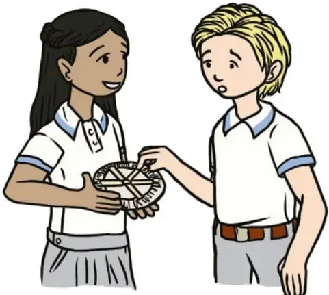 Ilustración de dos estudiantes de primaria con uniforme (camisa blanca con cuello azul); la estudiante sostiene un plato medidor circular dividido en secciones, compartiéndolo con su compañero. Crédito: Sarid Amisadai Limón Huerta, Baja California.