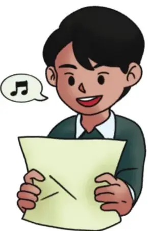 Ilustración de un niño sonriente que sostiene una hoja con su canción y tiene una burbuja de diálogo con una nota musical; crédito: Mariana Reyes Santiago, ESTADO DE MÉXICO.