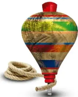 Trompo de madera pintado con colores vivos y una cuerda enrollada, ejemplo de objeto patrimonial.