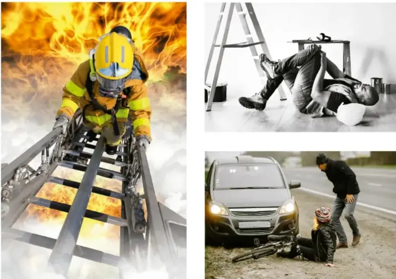 Bombero con equipo de protección trepando por una escalera metálica frente a un incendio con llamas.