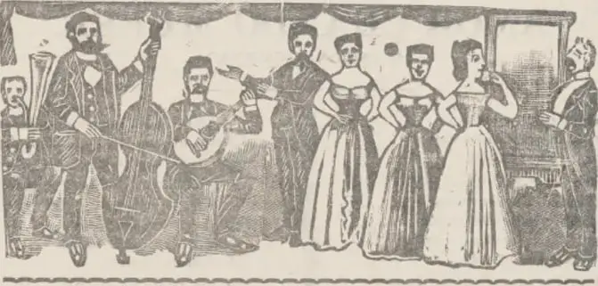 Grabado de una orquesta y cantantes de ópera en un escenario de teatro del siglo XIX.
