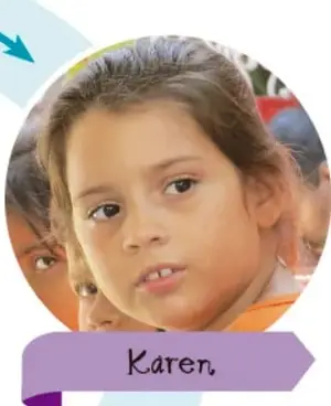 Foto de Karen con etiqueta morada; texto: "Karen entiende a Romina y a Noel, que a su vez entienden a Karen."
