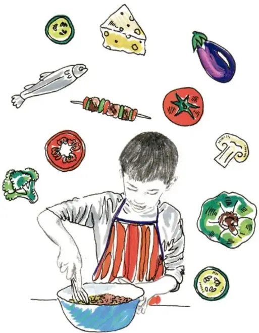 Ilustración de un niño con mandil rojo cocinando en un tazón azul, rodeado de dibujos de alimentos: pescado, queso, jitomate, berenjena, champiñón, brócoli, pepino y brocheta; muestra que cocinar no es tarea exclusiva de las niñas.