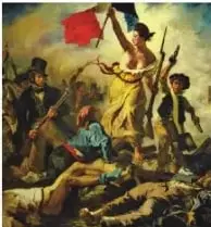 Pintura relacionada con la Revolución francesa. El pie de imagen destaca la importancia de los intelectuales ilustrados, los trabajadores y las mujeres.