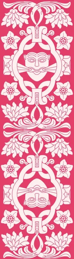Ilustración decorativa de color rosa con motivos florales y rostros prehispánicos, propia del diseño editorial de la colección.