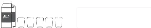 Caja de jugo de 1 litro junto a cinco vasos pequeños, representando el reparto de 20 dL entre cinco niños.