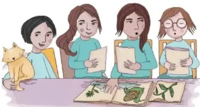 Ilustración de cuatro estudiantes sentadas en una mesa con libros y papeles; una de ellas tiene un gato naranja. Crédito: Tania Villanueva López, Puebla.