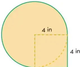 Figura compuesta: un círculo de radio 4 in con un cuadrado de 4 in de lado en su cuadrante inferior derecho; se marcan las medidas 4 in en el radio y en el lado del cuadrado.