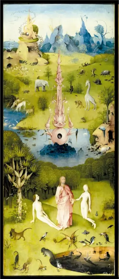 Panel del paraíso: paisaje verde, fuente de la vida, animales y la creación de Eva.