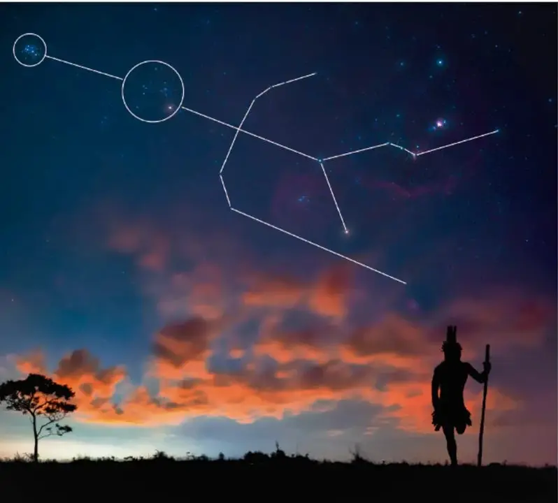 Fotografía del cielo nocturno con la constelación del Cazador (Orión) trazada con líneas; abajo, la silueta de una persona con bastón y un árbol contra nubes anaranjadas al atardecer.