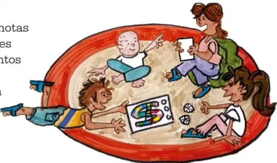 Ilustración de un grupo de niños y niñas sentados en círculo observando un instructivo.