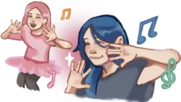Una niña con tutú de bailarina y otra persona haciendo señas manuales, rodeadas de notas musicales y una clave de sol. Crédito: Abigail Godoy Araujo, QUERÉTARO.