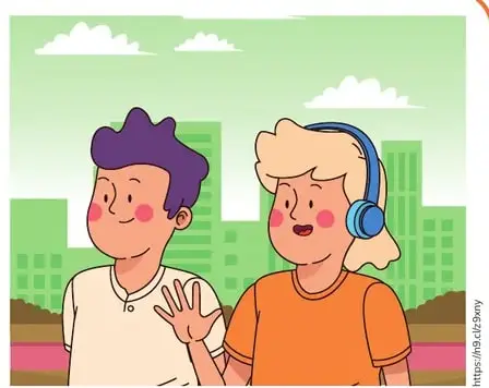 Niña en una pantalla rodeada de iconos visuales (foto, planta, dibujo, pizza, ropa, teléfono).